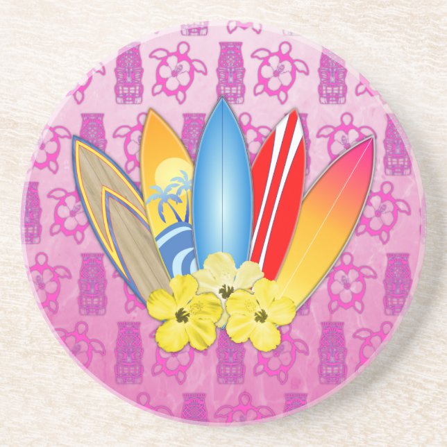 Surfboard and Hibiscus Flowers Coaster (Front)