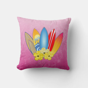 Surfboard and Hibiscus Flowers Cushion