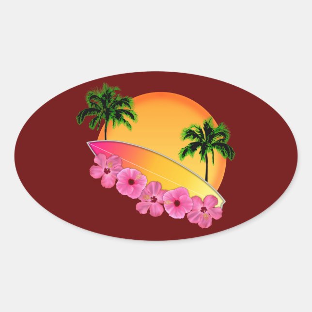 Surfboard and Hibiscus Flowers Oval Sticker (Front)