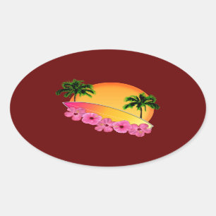 Surfboard and Hibiscus Flowers Oval Sticker