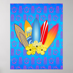 Surfboard and Hibiscus Flowers Poster