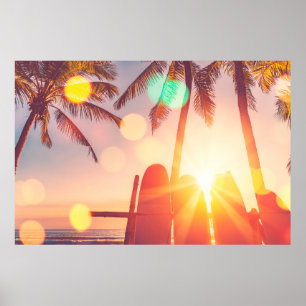 Surfboard and palm tree on beach double exposure w poster