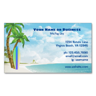 Surfboard and Palm Trees Tropical Beach Magnetic Business Card