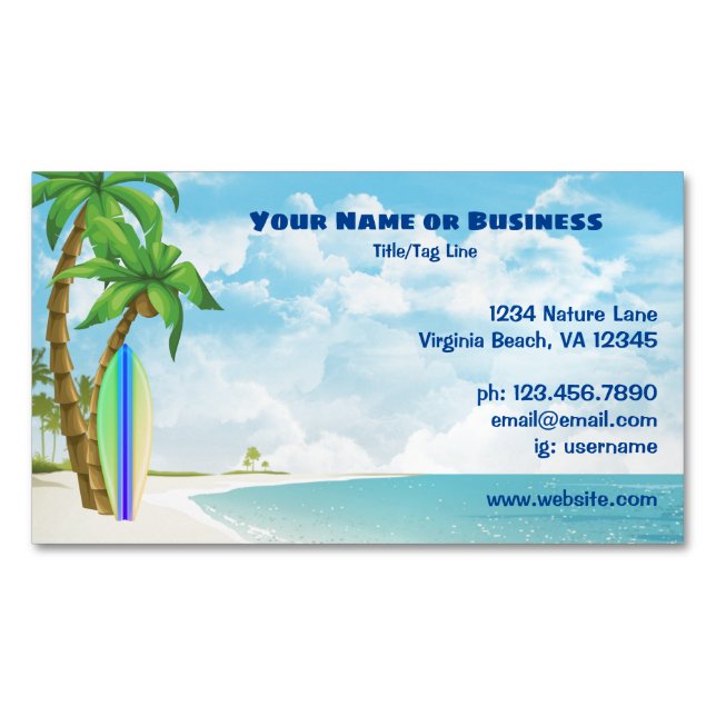 Surfboard and Palm Trees Tropical Beach Magnetic Business Card (Front)