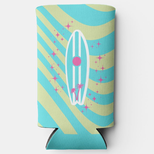 Surfboard, Beach Art, Tropical Vibes, Colourful Seltzer Can Cooler (Front)