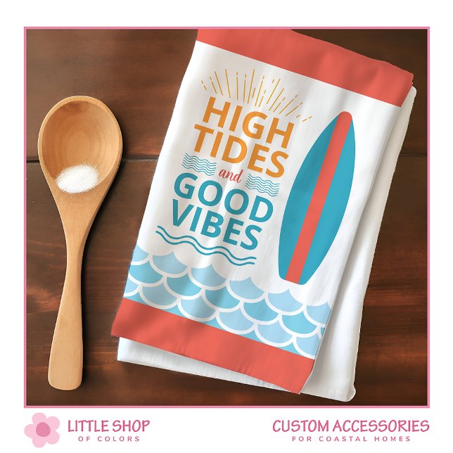 Surfboard High Tides Good Vibes Customisable Beach Tea Towel (Creator Uploaded)