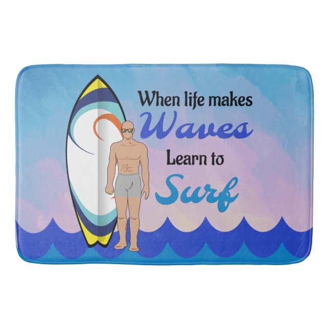 Surfboard Ocean Waves Blue Motivational Quote Bath Mat (Front)