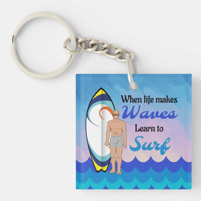 Surfboard Ocean Waves Blue Motivational Quote Key Ring (Front)