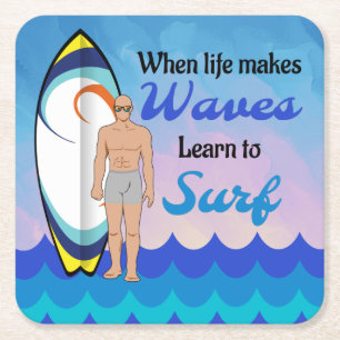 Surfboard Ocean Waves Blue Motivational Quote Square Paper Coaster