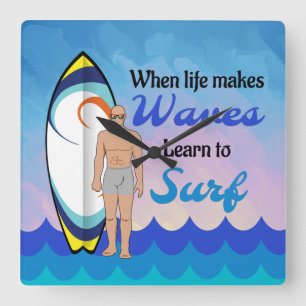 Surfboard Ocean Waves Blue Motivational Quote Square Wall Clock
