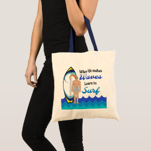 Surfboard Ocean Waves Blue Motivational Quote Tote Bag