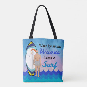 Surfboard Ocean Waves Blue Motivational Quote Tote Bag