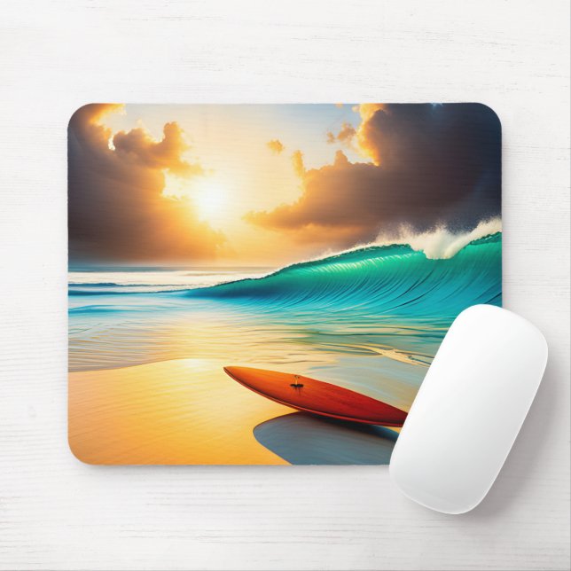 Surfboard On A Sunrise Beach Mouse Pad (With Mouse)