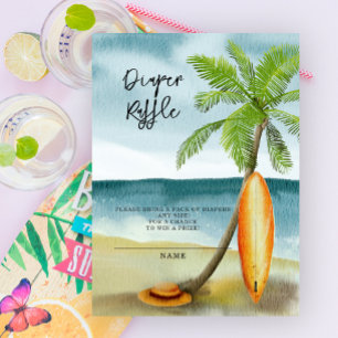 Surfboard on beach - diaper raffle enclosure card