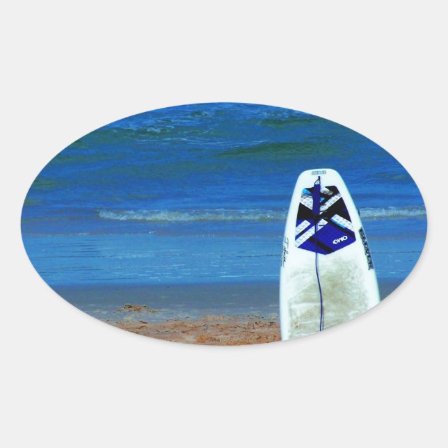 Surfboard On Beach Oval Sticker (Front)
