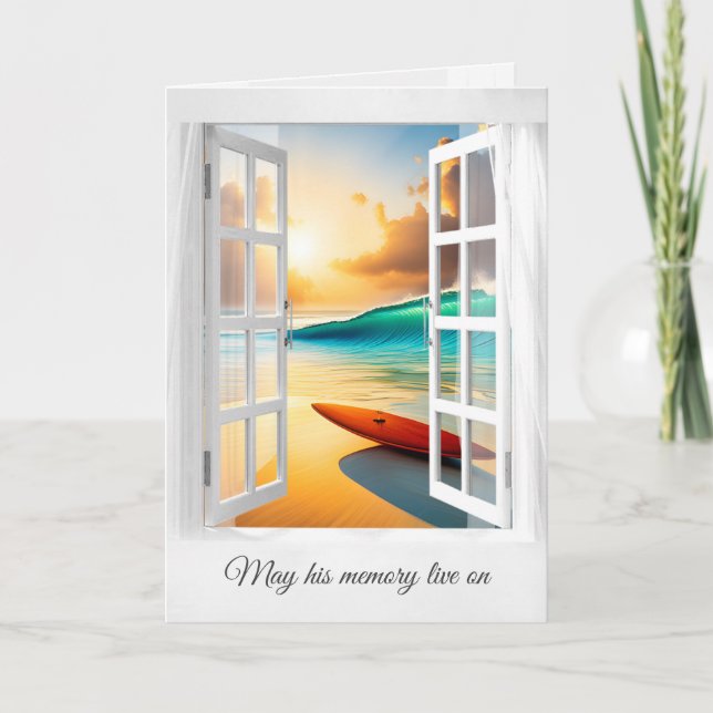 Surfboard On Ocean Beach Sympathy Card (Front)