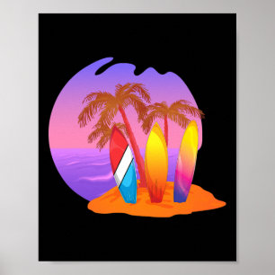 Surfboard Palm Trees Beach Surfer Surfing 80s Vapo Poster