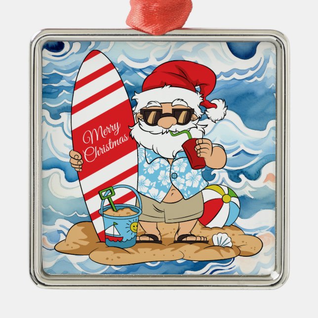 Surfboard Santa Christmas Ornament (Front)