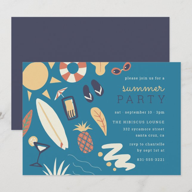 Surfboard & Sun | Hand-Drawn Summer Birthday Party Invitation (Front/Back)