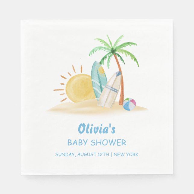 Surfboard Sunshine Beach Palm Tree Baby Shower  Napkin (Front)