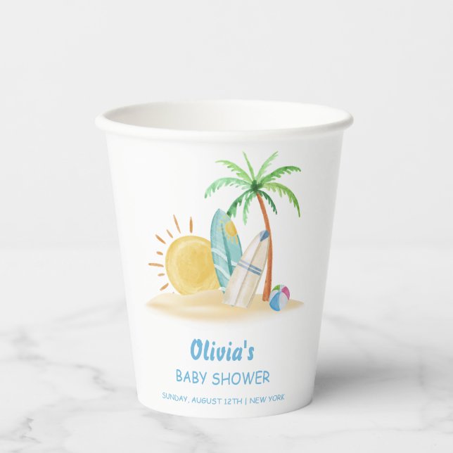 Surfboard Sunshine Beach Palm Tree Baby Shower  Paper Cups (Front)