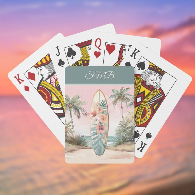 Surfboard Tropical Island Flower  Palm Tree w Name Playing Cards (Creator Uploaded)