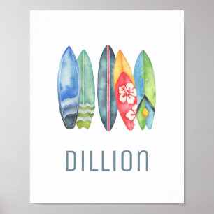 Surfboard Watercolor Custom Name Print