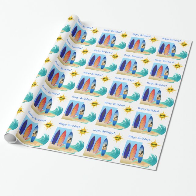 Surfboard Waves and Sun Cool Beach Happy Birthday Wrapping Paper (Unrolled)