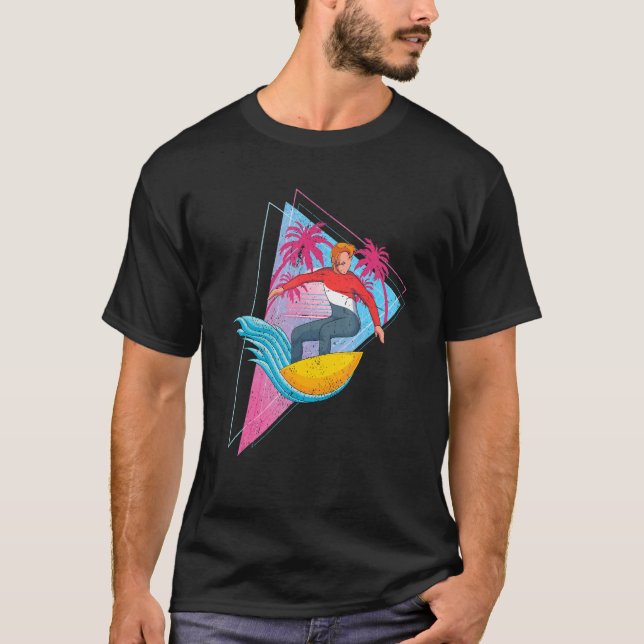 Surfboard Waves Surfing Palm Trees Tropical Synthw T-Shirt (Front)