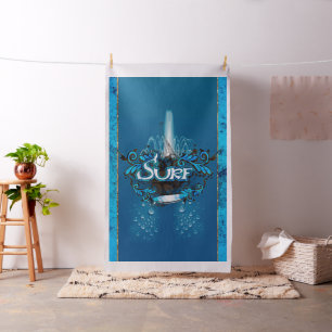 Surfboard with decorative floral elements fabric