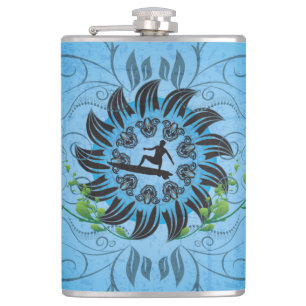 Surfboarder on blue background hip flask