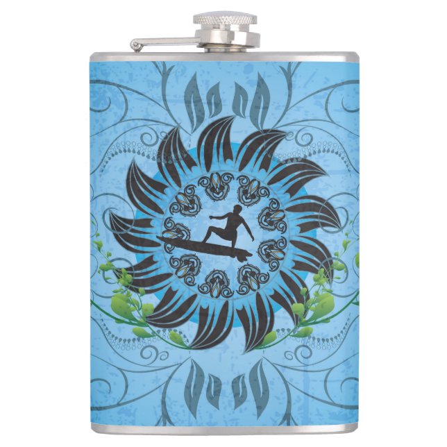 Surfboarder on blue background hip flask (Front)