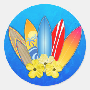 Surfboards And Hibiscus Classic Round Sticker