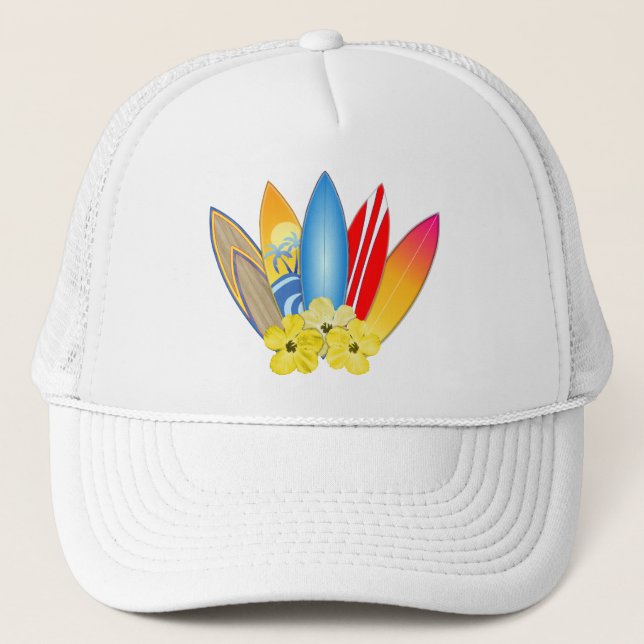 Surfboards And Hibiscus Trucker Hat (Front)