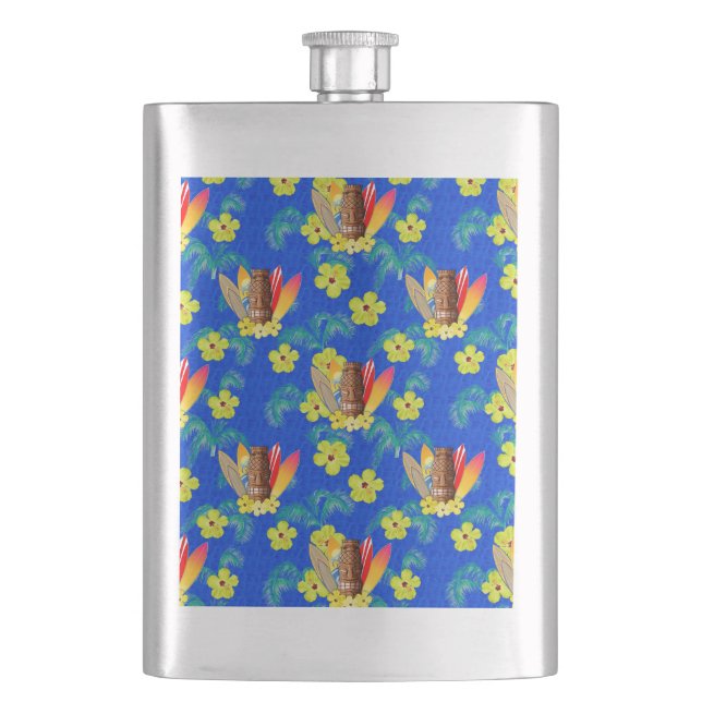 Surfboards And Tiki Mask Hip Flask (Front)