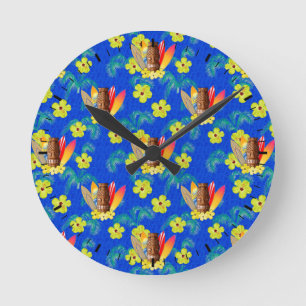 Surfboards And Tiki Mask Round Clock