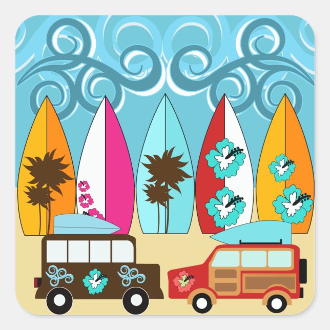 Surfboards Beach Bum Surfing Hippie Vans Square Sticker (Front)