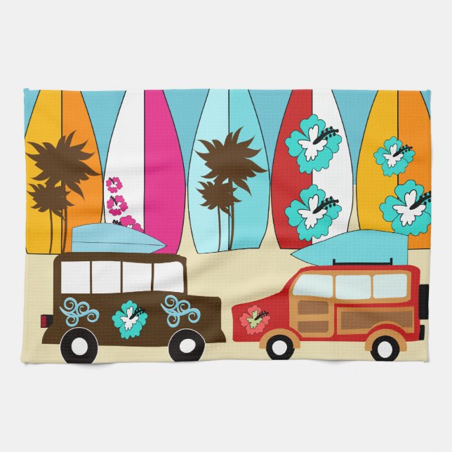 Surfboards Beach Bum Surfing Hippie Vans Tea Towel (Horizontal)