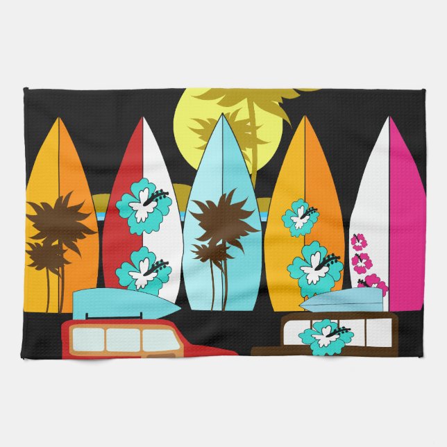 Surfboards Beach Bum Surfing Surfer Hippie Vans Tea Towel (Horizontal)