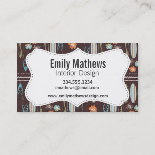 Surfboards & Hibiscus; Brown, Blue, & Orange Business Card