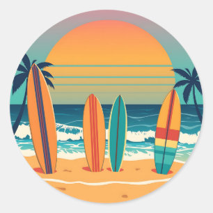 Surfboards on a Tropical Beach Classic Round Sticker