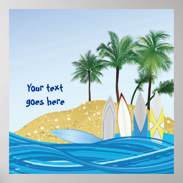 Surfboards on a tropical beach with palm trees poster (Front)