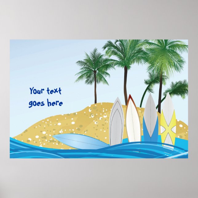 Surfboards on a tropical beach with palm trees poster (Front)