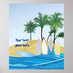 Surfboards on a tropical beach with palm trees poster