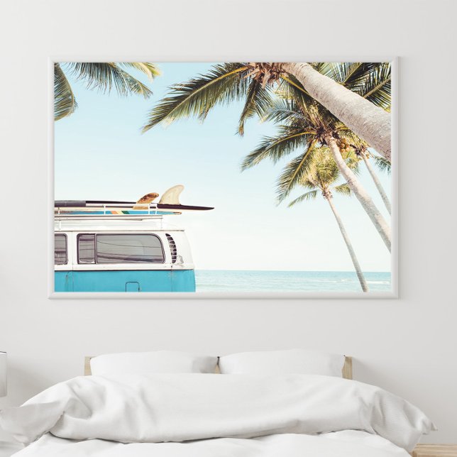 Surfboards on Retro Van Poster (Surfboards on Retro Van Coastal Poster in a white boho bedroom.)