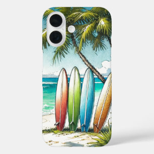 Surfboards on the Beach Watercolor and Ink iPhone 16 Case