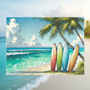 Surfboards on the Beach Watercolor and Ink Postcard