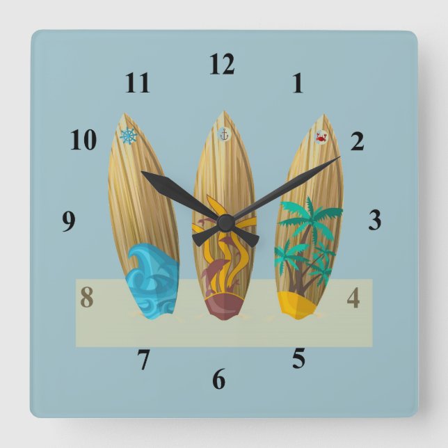 Surfboards on the sand square wall clock (Front)