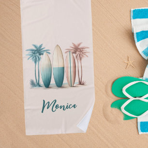 Surfboards palm trees retro green yellow beach towel