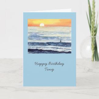 Surfer at Sunrise with a blue background Card